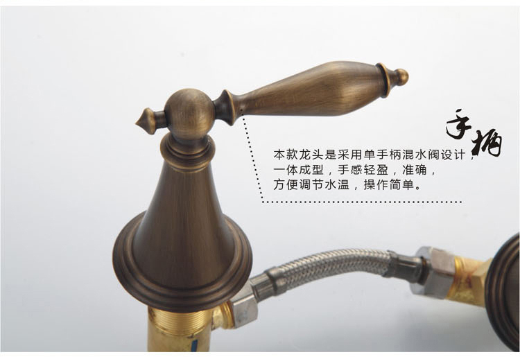 whole promotion deck mounted widespread antique brass bathroom basin faucet dual handles mixer hj-6837f