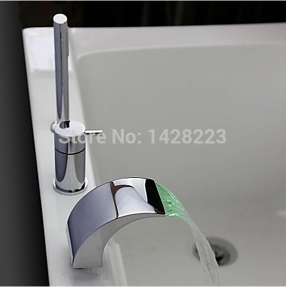 chrome finished 3pcs deck mount waterfall led light bathtub faucet single handle with handheld shower