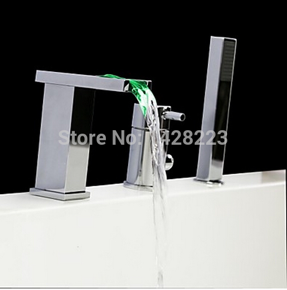 chrome led color changing widespread waterfall bathroom tub faucet set deck mount with handheld shower