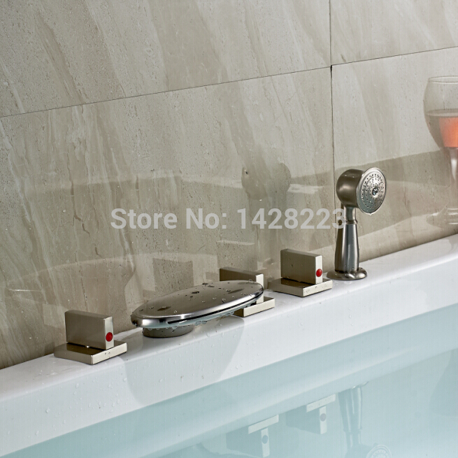 beautifull deck mounted waterfall bathroom tub mixer taps brushed nickel bathtub shower faucet with handshower
