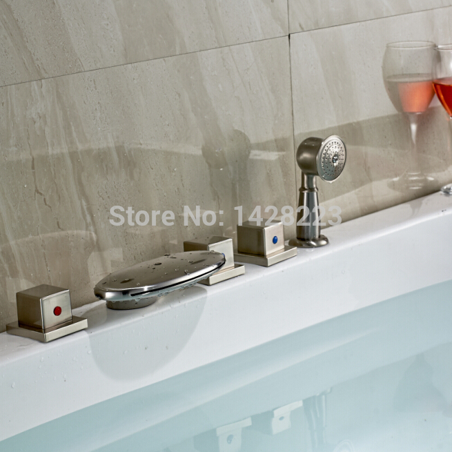 brushed nickel deck mounted 3 handles 5pcs set bathtub faucets waterfall spout & handheld shower