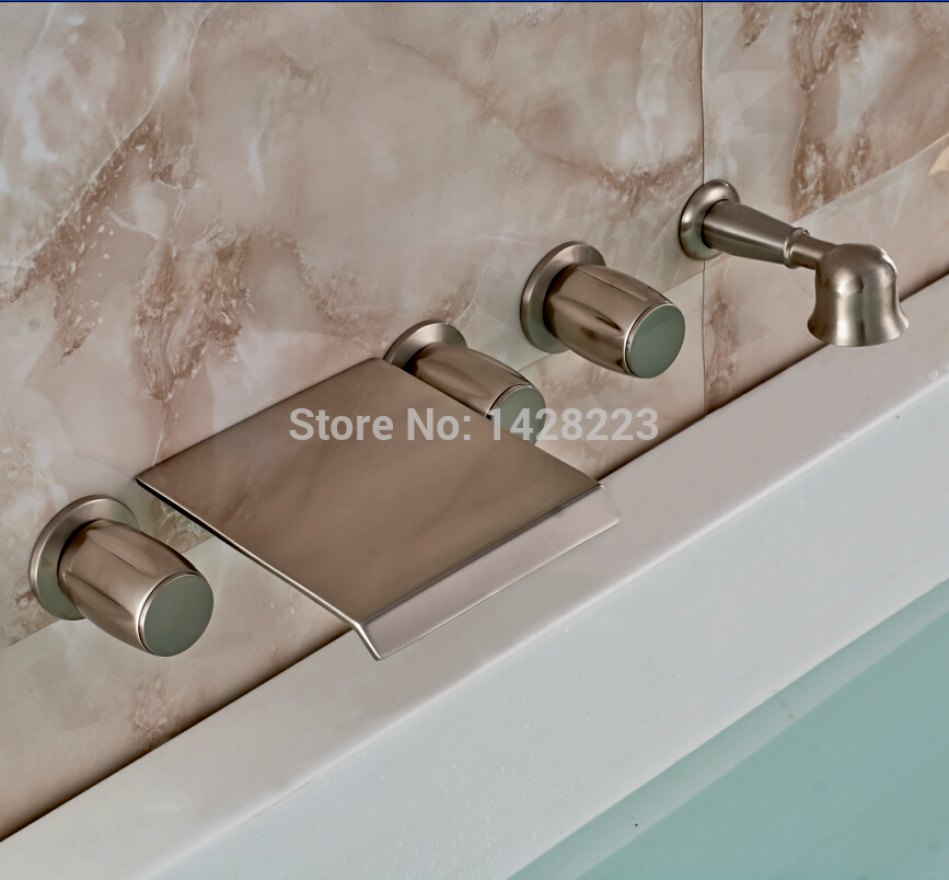 brushed nickel finished wall mounted widespread with handheld bathtub tub faucet three handles bathtub mixer taps
