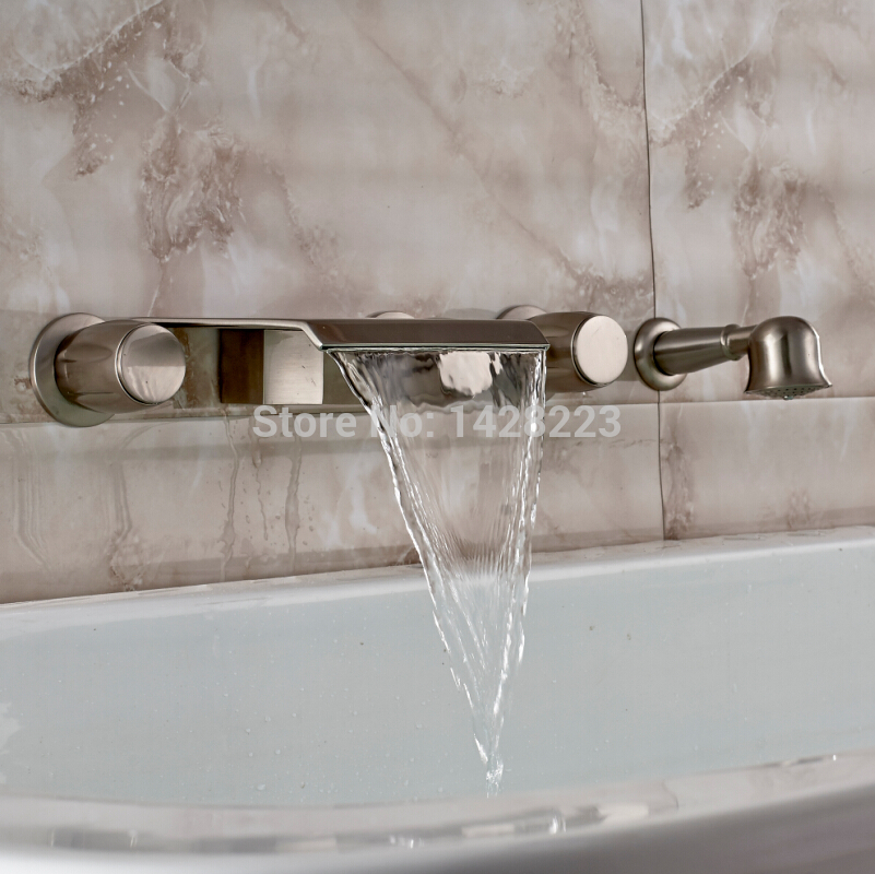 brushed nickel finished wall mounted widespread with handheld bathtub tub faucet three handles bathtub mixer taps