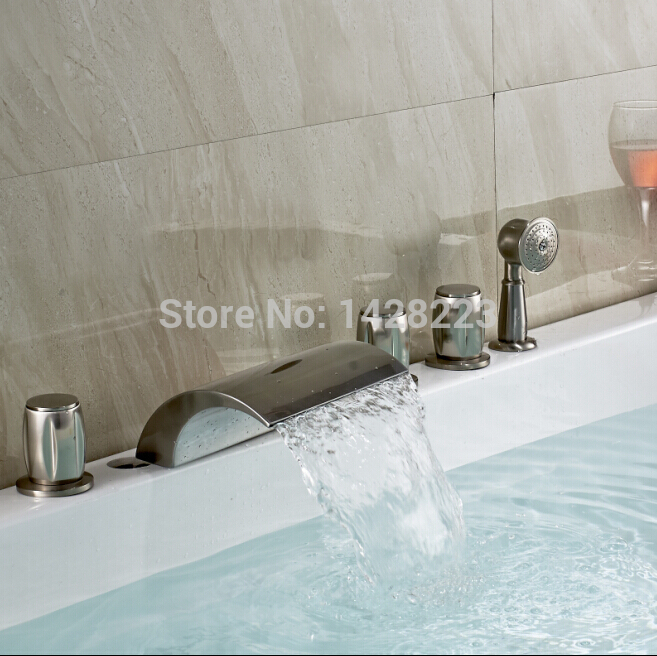 brushed nickel three handles waterfall spout widespread bathtub mixer taps deck mounted 5pcs