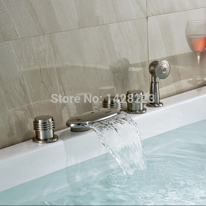 brushed nickel waterfall widespread bath tub mixer faucet deck mounted with handshower bathtub faucet