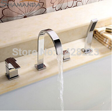chrome finished deck mounted dual handle bathroom bath tub faucet with hand shower widespread 4pcs bathtub mixer taps
