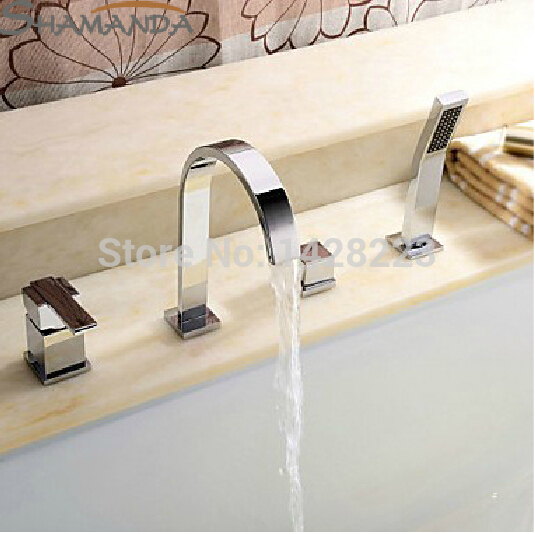 chrome finished deck mounted dual handle bathroom bath tub faucet with hand shower widespread 4pcs bathtub mixer taps