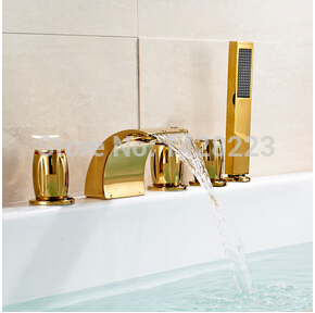 color changing led deck mounted bathtub waterfall spout mixer tap golden finished widespread 5pcs set with handshower