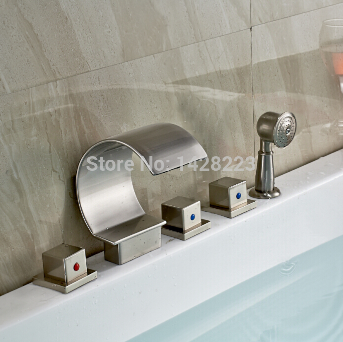 creative deck mounted three handles bathroom bathtub faucet brushed nickel finished 5pcs tub mixer taps