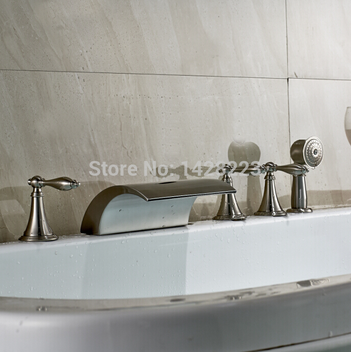 deck mounted waterfall 3 handles bathtub shower faucet widespread handheld bath tub mixer tap brushed nickel finished