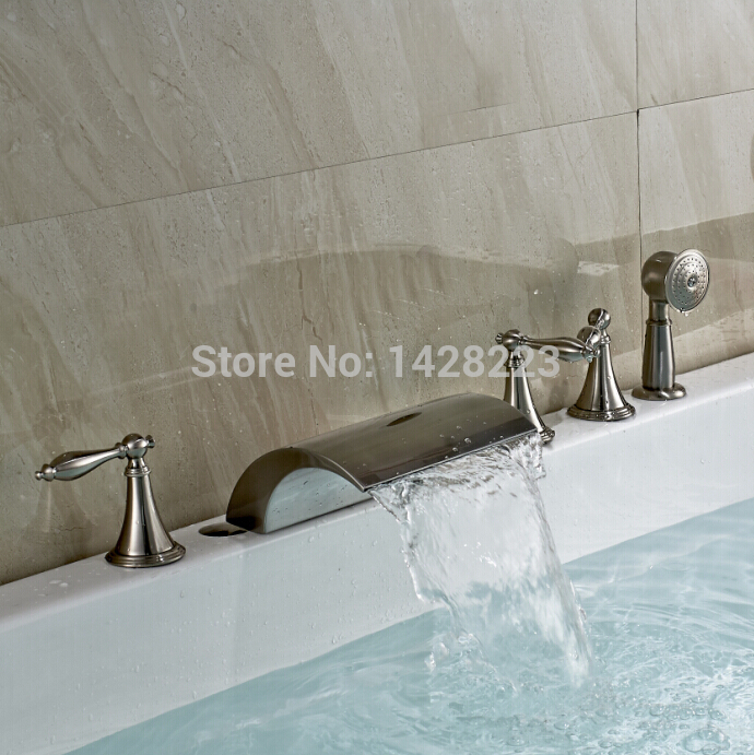deck mounted waterfall 3 handles bathtub shower faucet widespread handheld bath tub mixer tap brushed nickel finished