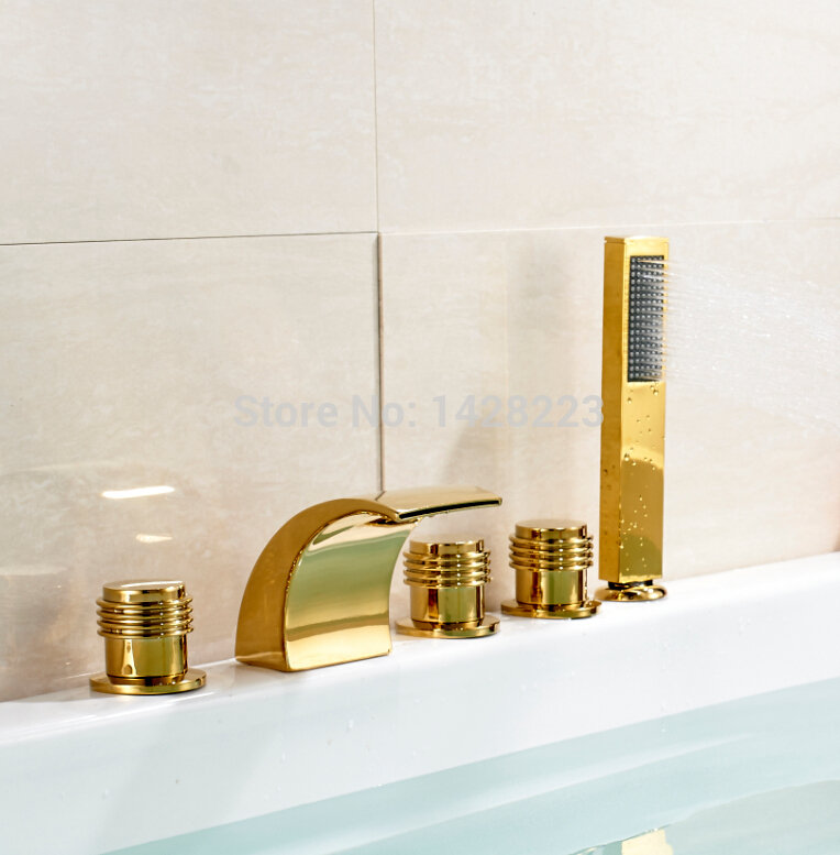 deck mounted waterfall spout bathtub mixer tap golden polished 5pcs sets bathroom tub taps with handshower