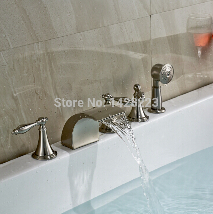 fashion color changing led waterfall bath & shower faucets deck mounted 5pcs bathtub mixer taps