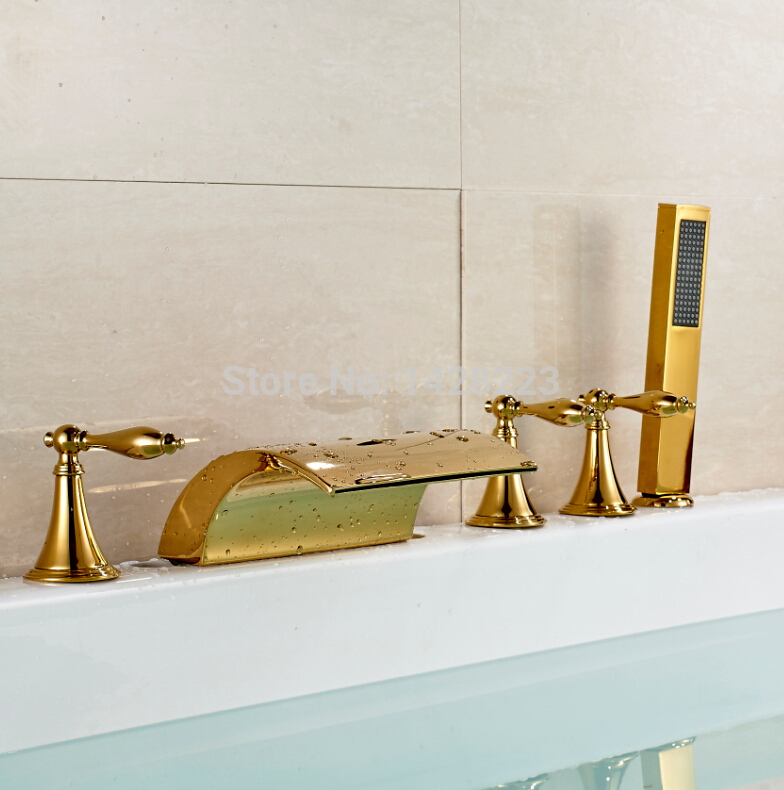 golden 5pcs bathtub faucet sets three handles waterfall spout bath tub mixer taps with brass handshower