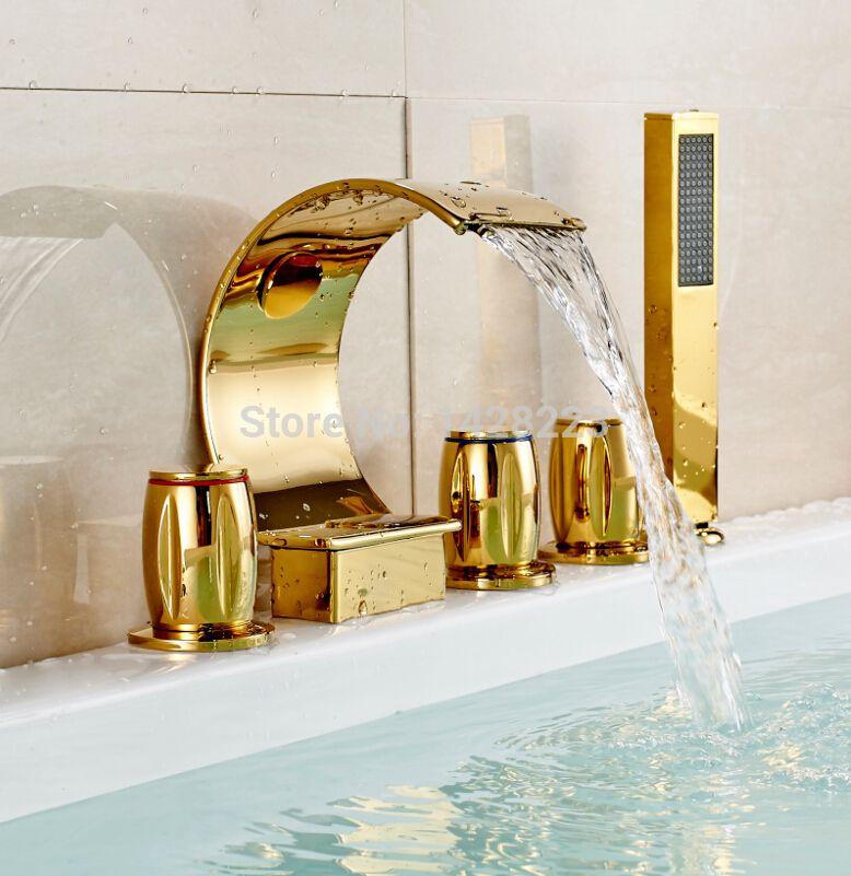golden 5pcs deck mounted waterfall bathtub bath tub faucet w handheld three handled five holes