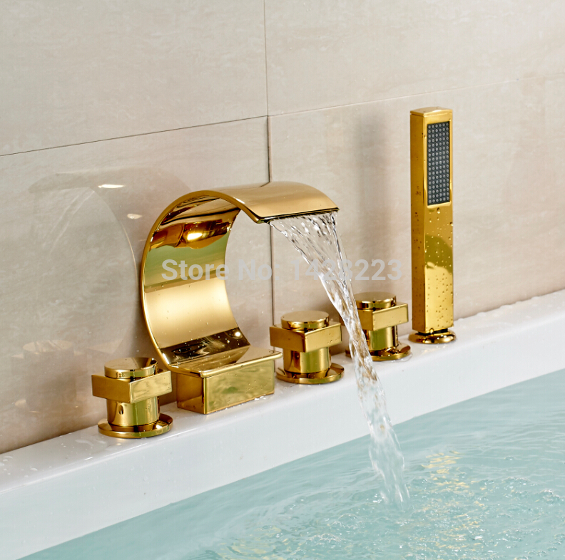 golden deck mounted 5pcs deck mounted bathtub faucet set three handles waterfall bathroom tub mixer taps