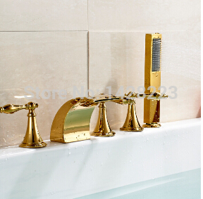 golden led color changing three handles bathtub tub mixer faucet deck mounted 5pcs bathroom bath tub mixer taps with handshower