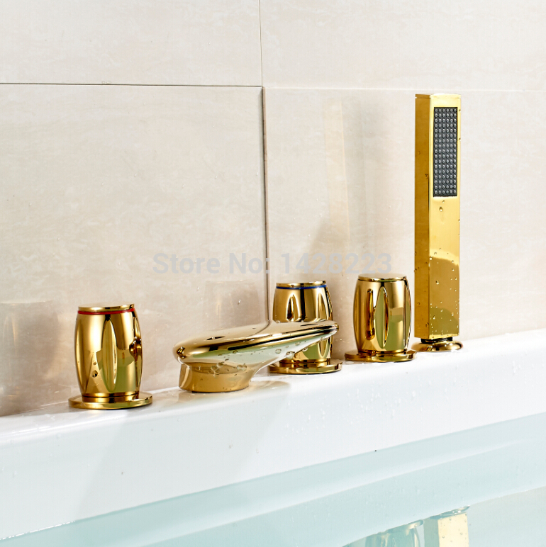golden luxury 5pcs sets widespread bathtub waterfall roman tub faucet three handles w/ handheld shower