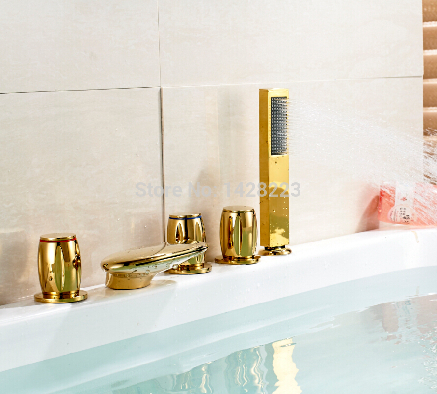 golden luxury 5pcs sets widespread bathtub waterfall roman tub faucet three handles w/ handheld shower