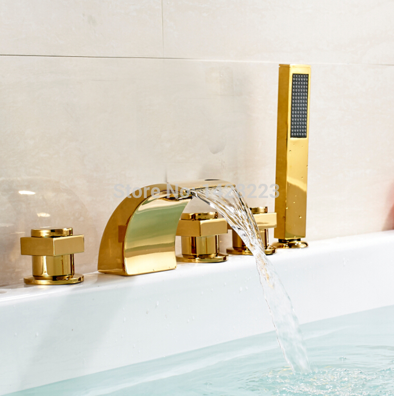 golden ti-pvd finish widespread & handshower bath tub faucet sets three handles bathtub mixer taps