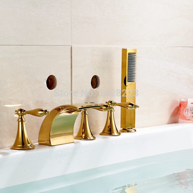 golden widespread brass bathtub tub mixer faucet with handheld shower deck mounted three handles waterfall spout