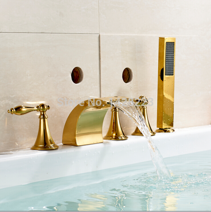 golden widespread brass bathtub tub mixer faucet with handheld shower deck mounted three handles waterfall spout