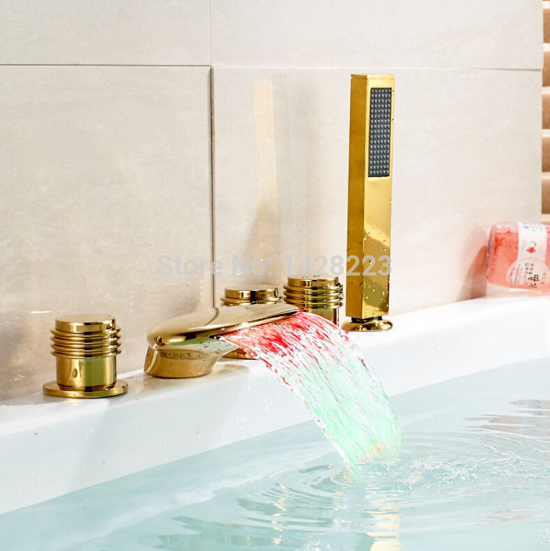led brass deck mounted bathtub waterfall spout faucet golden three handles 5pcs bathroom tub mixer taps