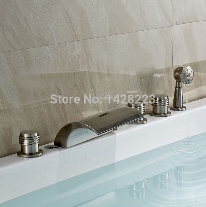luxury color change led bathtub faucet brushed nickel 5pcs waterfall bathroom tub mixer tap deck mounted