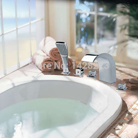 luxury deck mounted 5pcs waterfall bathtub faucet polished chrome bath tub mixer tap w/ hand shower