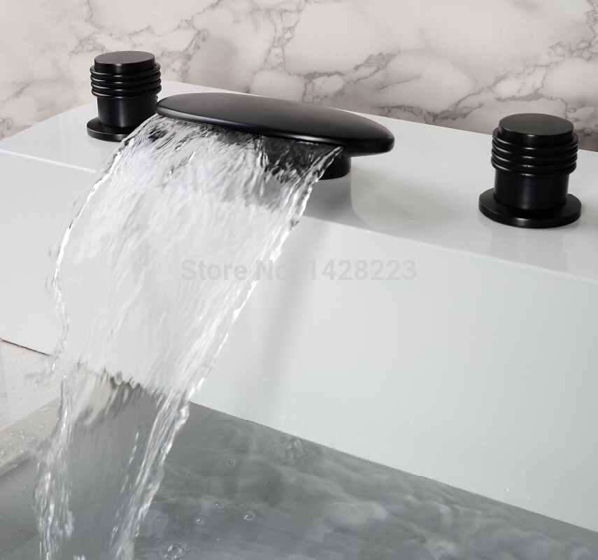 luxury deck mounted widespread 5pcs waterfall spout bathtub faucet with handheld shower three handles 5 holes