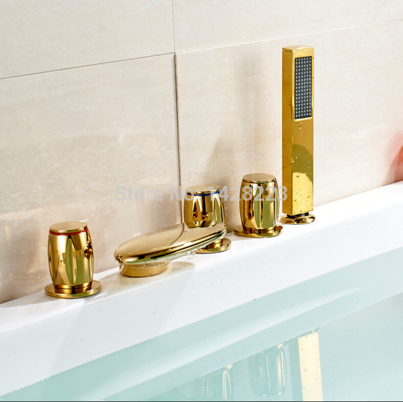luxury golden deck mount bathtub bath tub led waterfall faucet w handheld shower deck mounted three handles