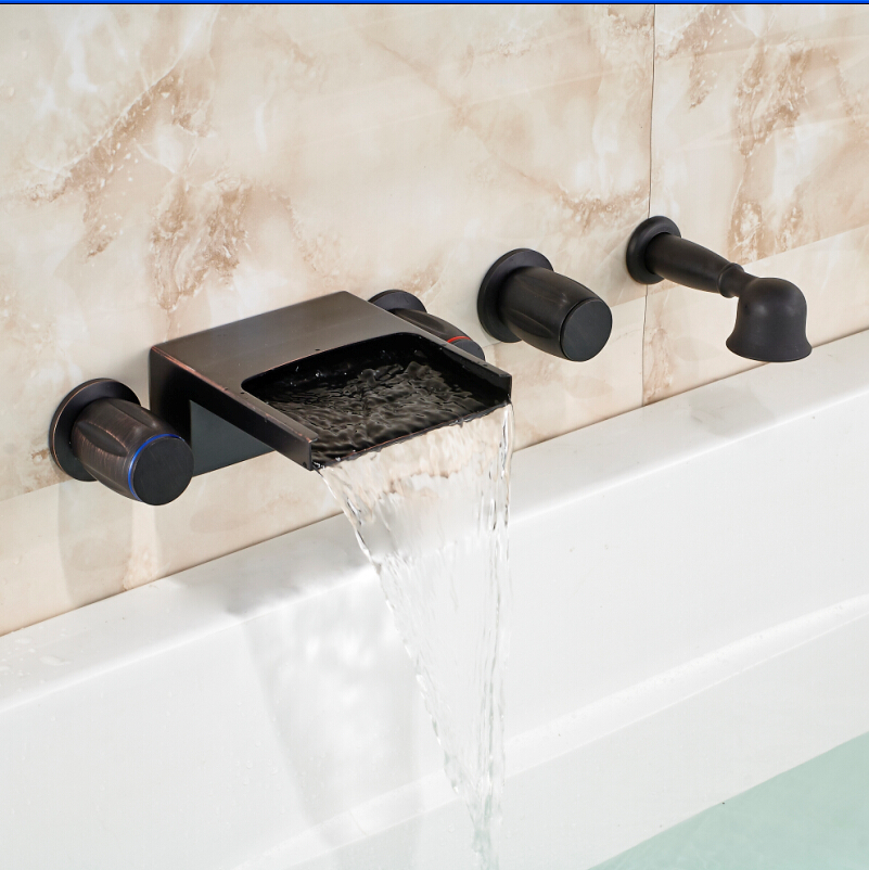 luxury led lights waterfall bathroom tub faucet wall mount three handles with handshower oil rubbed bronze - Click Image to Close