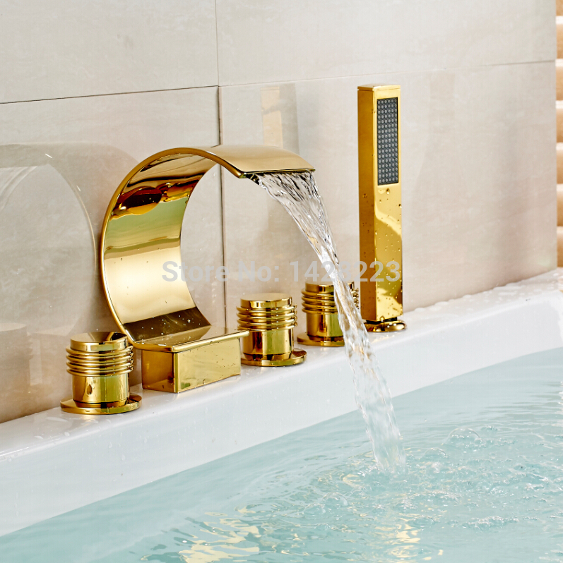 luxury waterfall c shape spout bath tub faucet w/ handshower deck mounted three handles 5pcs bathtub mixer taps