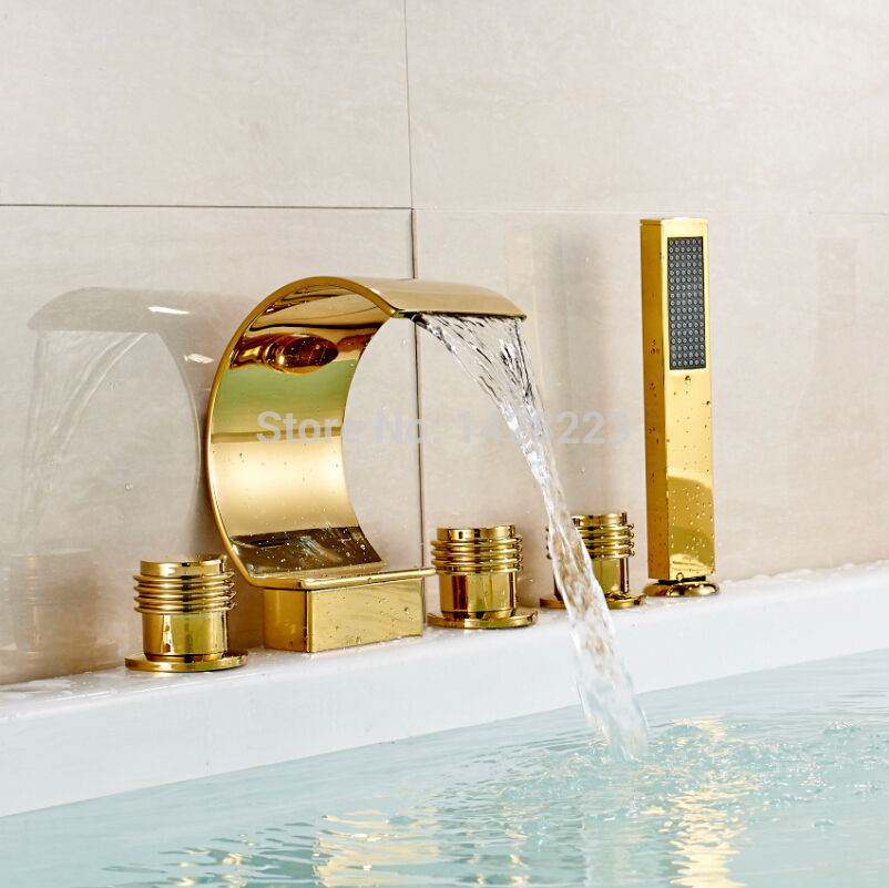 luxury waterfall c shape spout bath tub faucet w/ handshower deck mounted three handles 5pcs bathtub mixer taps