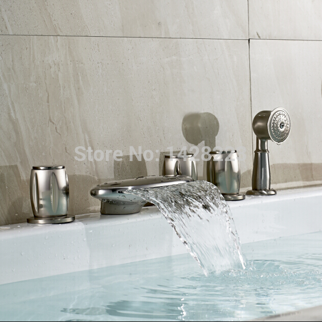 modern led waterfall spout 5pcs bathtub faucet set deck mounted three handles 3 color changing bath tub taps