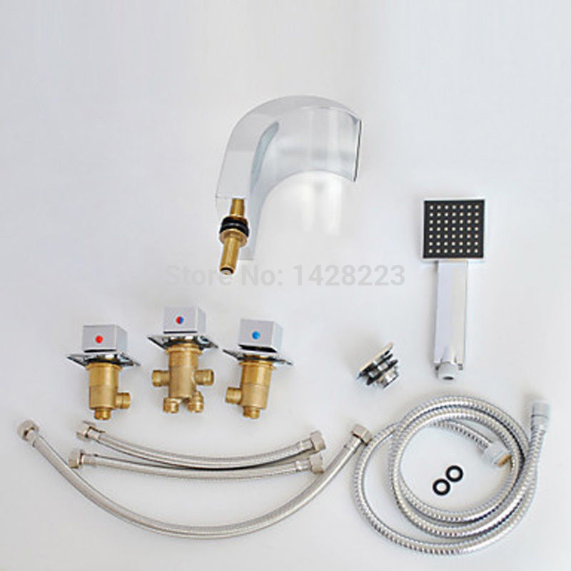 new 5pcs deck mounted roman style bathtub waterfall mixer faucet with hand shower chrome finish three handles
