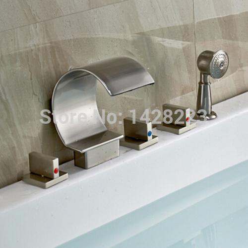 nickel brushed 5pcs waterfall bath tub faucet set deck mounted 3 handles bathtub mixer tap with handshower