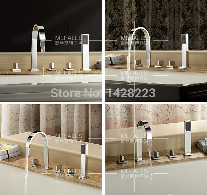 polished chrome deck mounted 5pcs waterfall bathtub tub mixer faucet with hand shower three handles