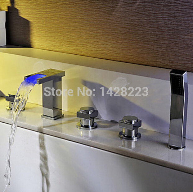 squares shape led waterfall spout bathtub mixer taps deck mounted three handles bathroom tub faucet