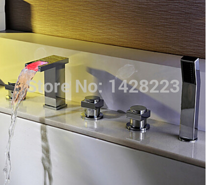 squares shape led waterfall spout bathtub mixer taps deck mounted three handles bathroom tub faucet