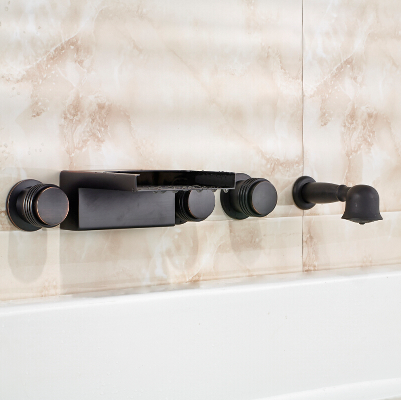 three handles waterfall bathroom tub mixer taps with pull out handshower widespread 5 holes oil rubbed bronze