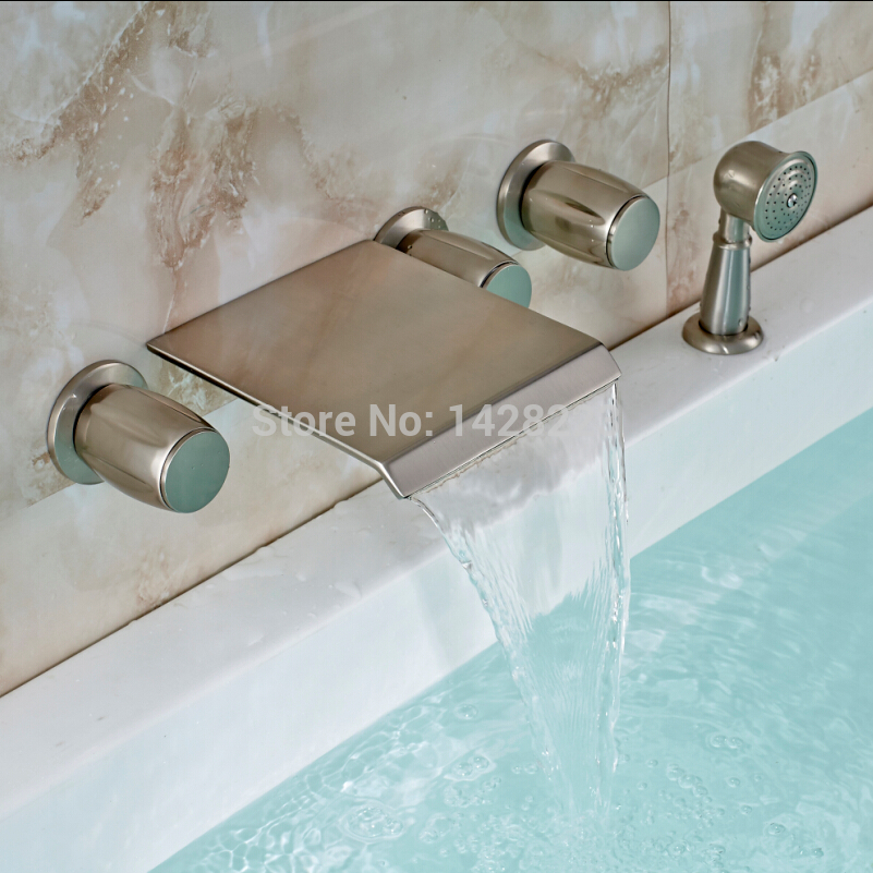 wall mounted brushed nickel finished 5pcs waterfall bathroom bathtub faucet with hand shower 5 holes