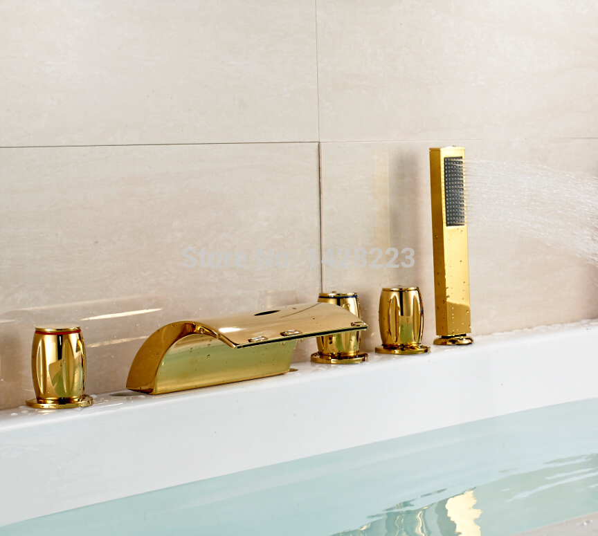 widespread deluxe brass waterfall spout bathtub mixer tap golden bathroom tub faucet 5pcs set a490