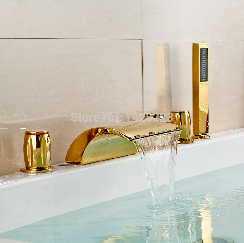 widespread deluxe brass waterfall spout bathtub mixer tap golden bathroom tub faucet 5pcs set a490
