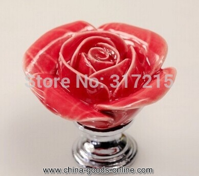 hand made ceramic red rose knob with silver chrome base flower knob cabinet pull kitchen cupboard knob kids drawer knobs mg-16