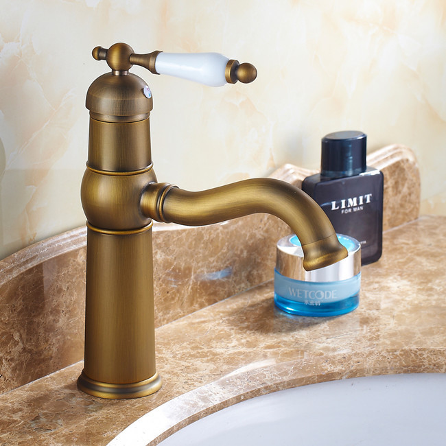 ceramic handle antique brass bathroom lavatory basin sink faucet mixer tap swivel spout 1091