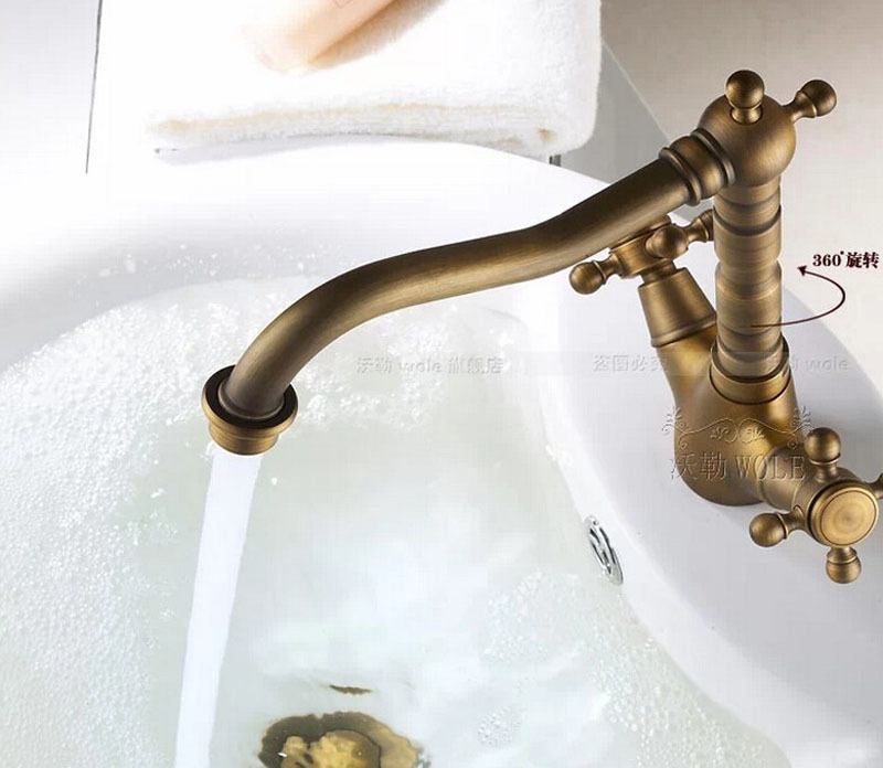 antique brass double handle and cold mixer water faucet deck mount rotation spout vanity sink faucet