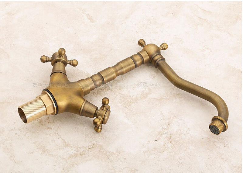 antique brass double handle and cold mixer water faucet deck mount rotation spout vanity sink faucet