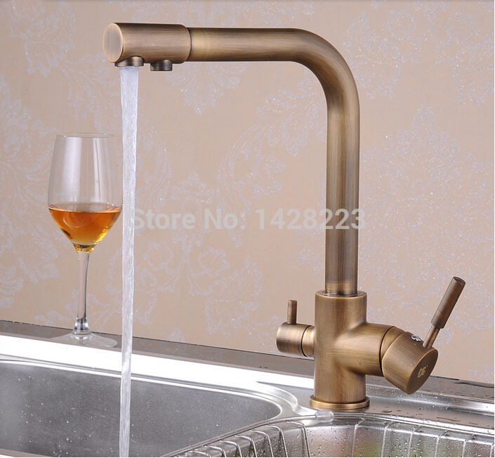 antique brass multifunction pure water kitchen sink faucet dual handles and cold water