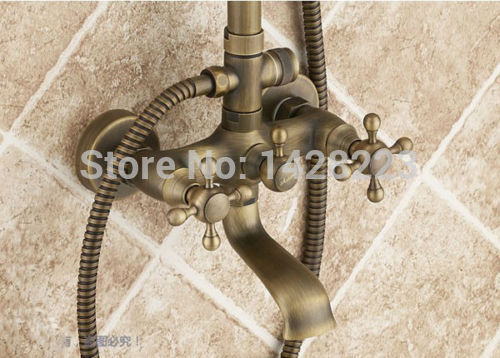 antique brass wall mounted 8" rain shower faucet set dual handles shower bath mixer tap with hand spray - Click Image to Close